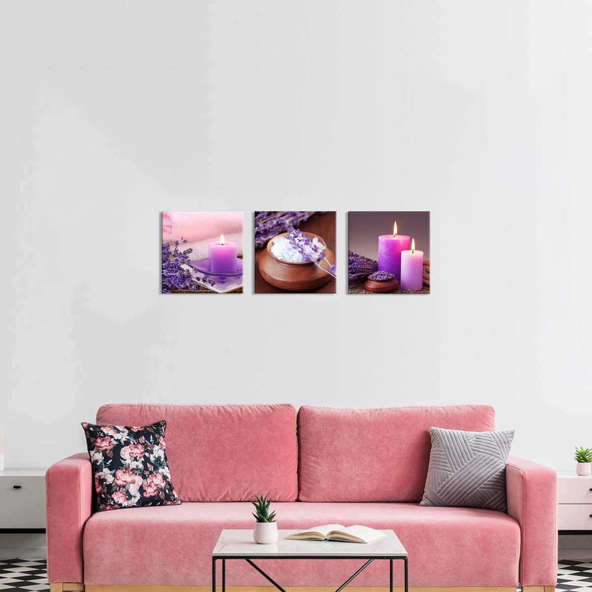 Zen Canvas Wall Art Spa Still Life with Purple Aromatherapy Candles and Zen Stone Aroma Lavender Flower Painting Pictures Print on Canvas Ready to Hang for Bathroom Decoration (14X14inchX3pcs / aromatherapy)