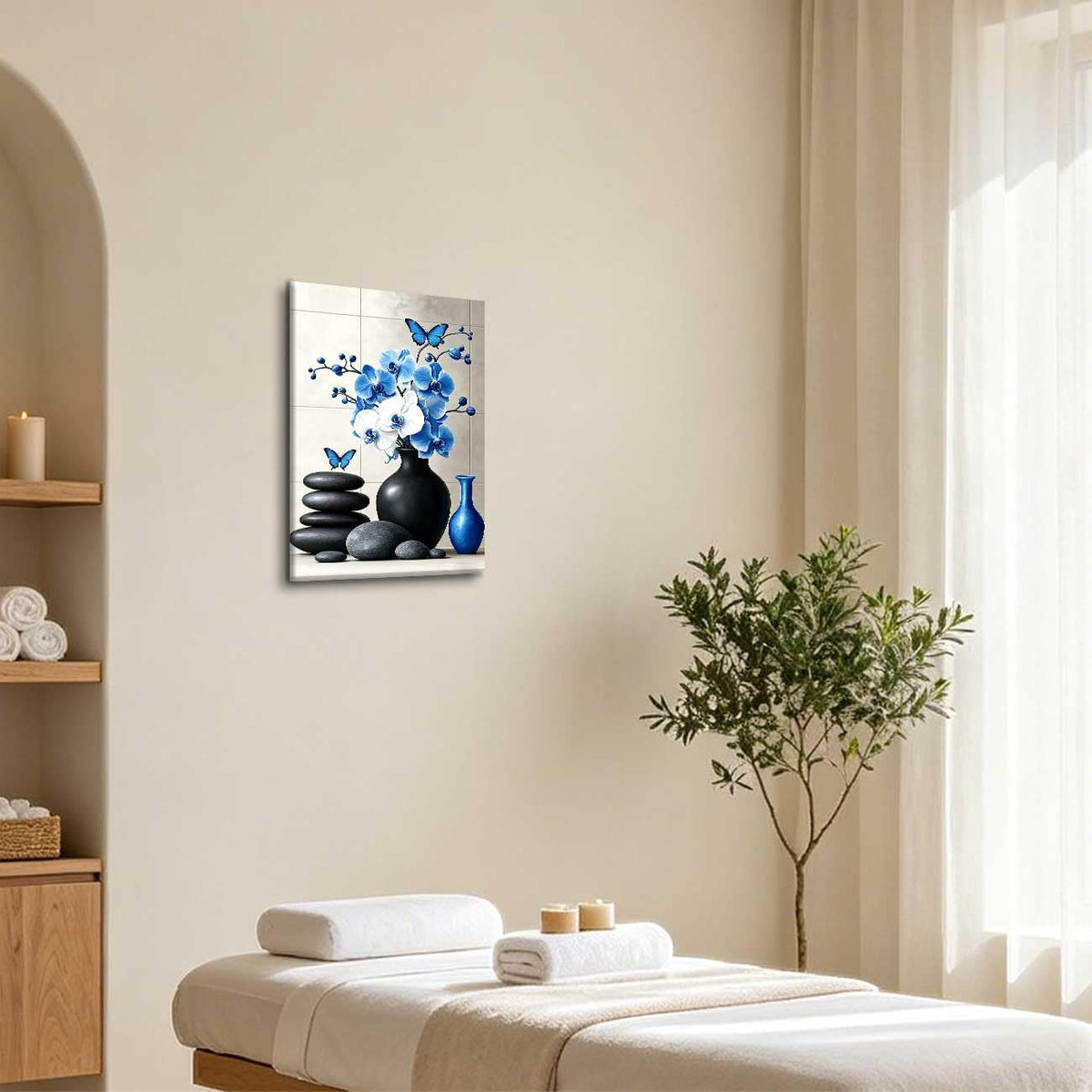 Orchid Flower Canvas Wall Art Zen Bathroom Pictures Prints Spa Stone Butterfly Wall Decor Black White Yoga Meditation Paintings for Living Room Bedroom (Blue / 20"L x 16"W)