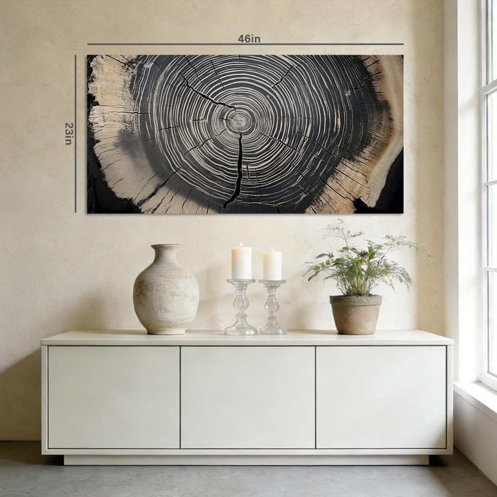 Rustic Tree Ring Canvas Wall Art Modern Wood Slice Cross Section Painting Flat Print Gallery Wrapped Nature Artwork for Living Room Bedroom Bathroom Decor (Wildlife / Black Tree Rings 37 / 40"L x 20"W)