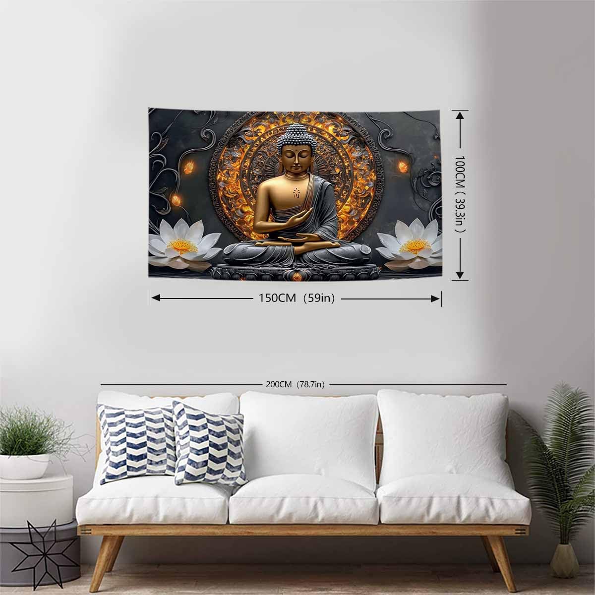 Sitting Golden Buddha Tapestry Wall Hanging Buddhist Statue Tapestries White Lotus Meditation Wall Decor Zen Art Psychedelic Indian Wall Blanket for Bedroom Living Room Home Decor (Grey / 59"L x 39"W)