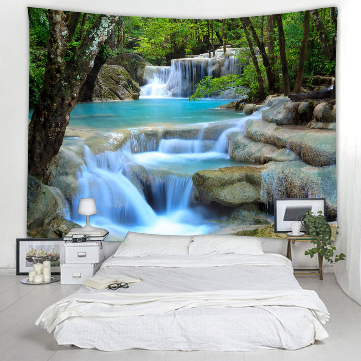 Forest Waterfall Fabric Tapestry Decorative Wall Art Tablecloth Bedspread Picnic Blanket Beach Throw Blanket Multifunctional for Bedroom Dormitory Living Room Hanging 79 x 59 Inches (Forest Waterfall Water / 79"L x 59"W)