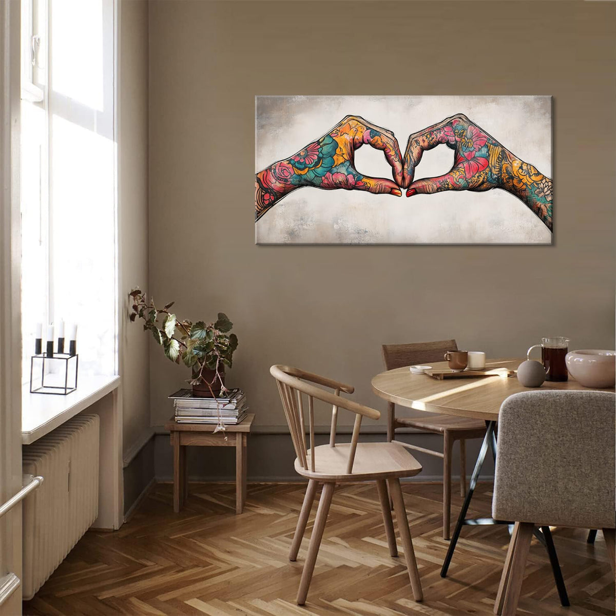 Colorful Two Tattooed Hands Heart Shape Wall Art for Living Room Office Romantic Gesture Contemporary Painting Prints Modern Canvas Artwork Dining Bedroom Decor (Contemporary / Colorful TwoTattooed Hands Wall Art / 40"L x 20"W)