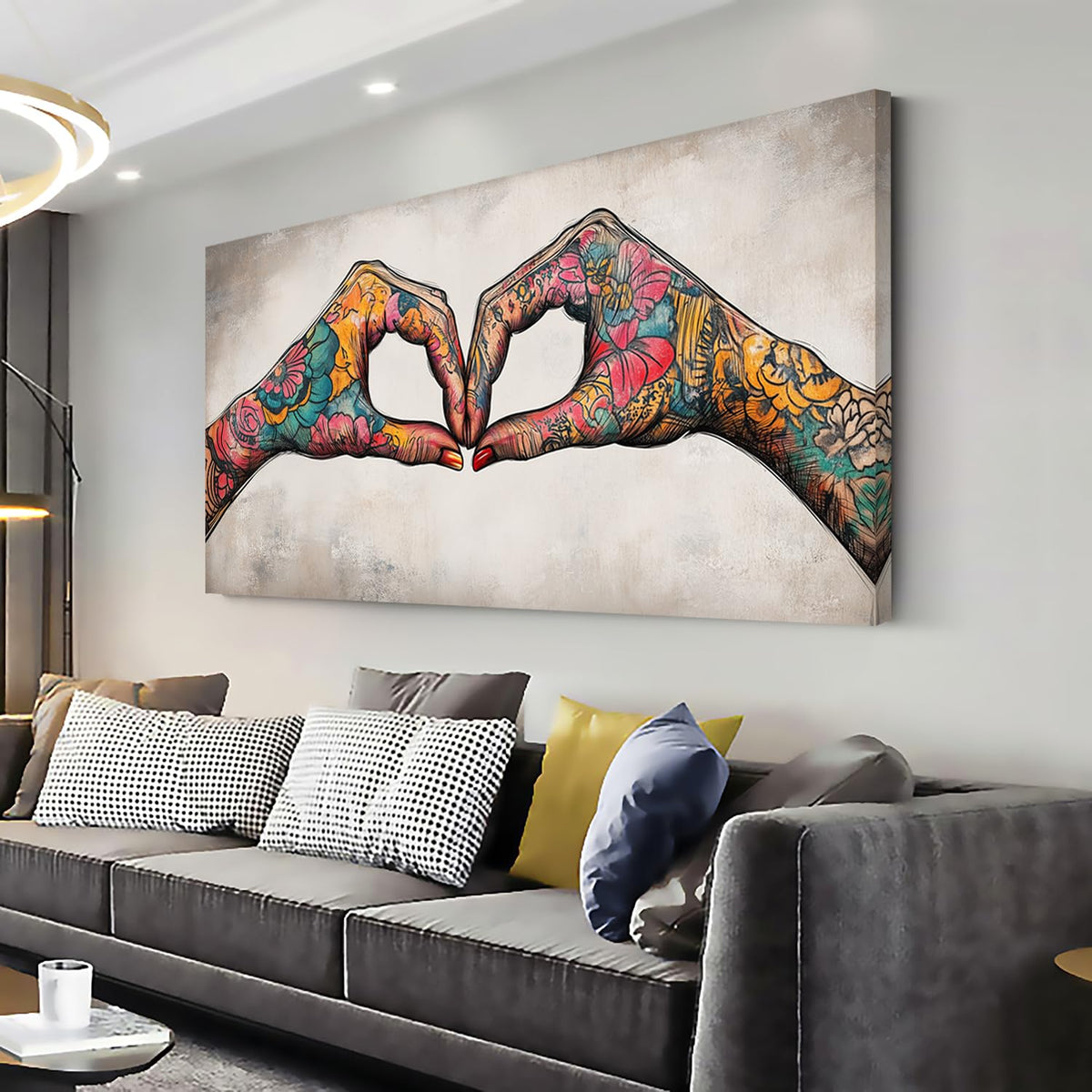 Colorful Two Tattooed Hands Heart Shape Wall Art for Living Room Office Romantic Gesture Contemporary Painting Prints Modern Canvas Artwork Dining Bedroom Decor Extra Large (Contemporary / Colorful TwoTattooed Hands Wall Art / 58"L x 28"W)