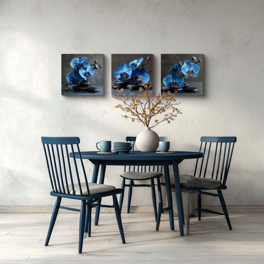3PCS Blue Orchid Flower Wall Art Zen Spa Stones Canvas Print Water Droplets Floral Still Life Artwork Tranquil Botanical Modern Bathroom Bedroom Meditation Decor for Home Spa Office (14X14inchX3pcs / Blue Orchid)