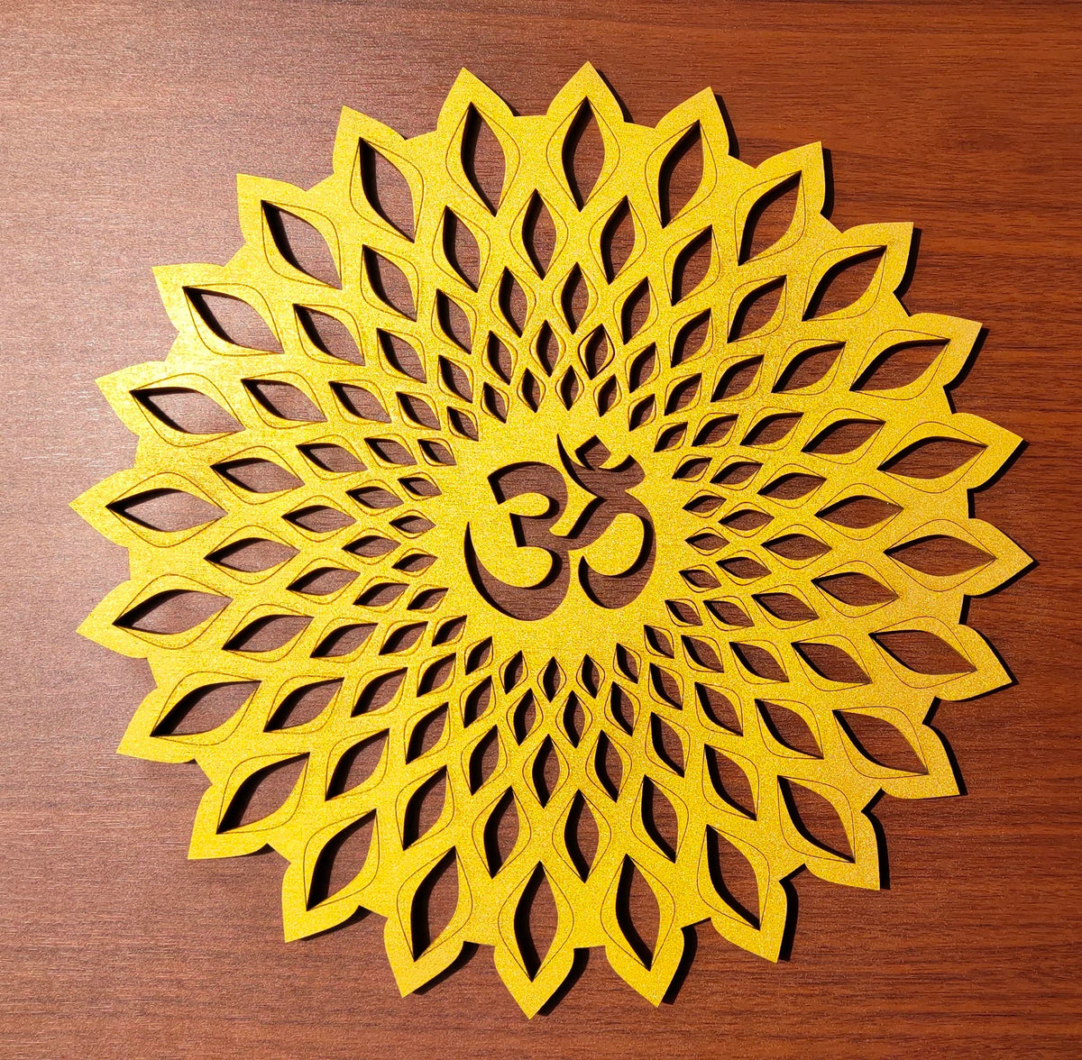 Golden Om Round Decorative Wall Art Mdf Wooden Om Chakra For Temple (Marking OM-Gold / 12"L x 12"W)