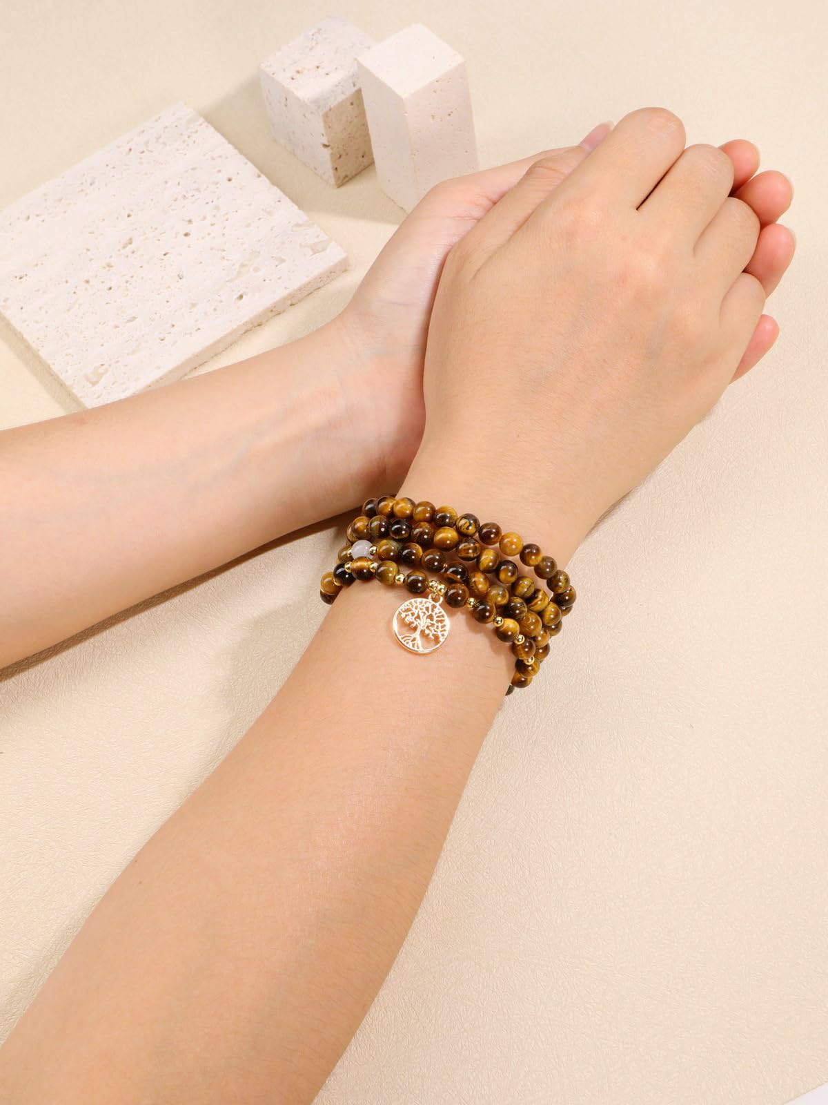 Tiger Eye Prayer Beads Bracelet Long Beaded Necklace Natural Gemstone 108 Mala Beads Tree Life Yoga Meditation Bracelet Necklace (Tiger Eye Stone)