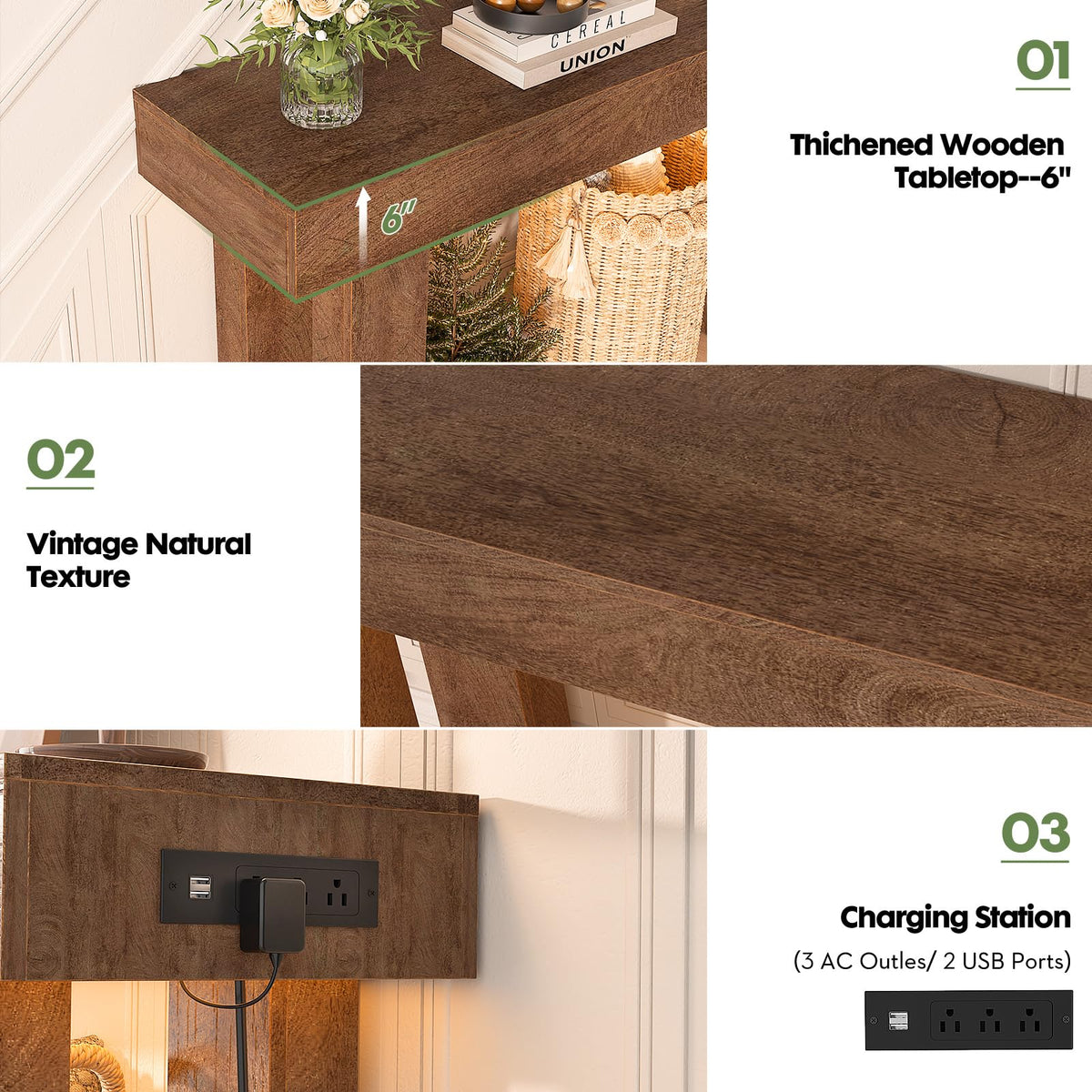 32" Entry Table with Sensor Light & AC Outlets with USB (Rustic Oak / 32IN)