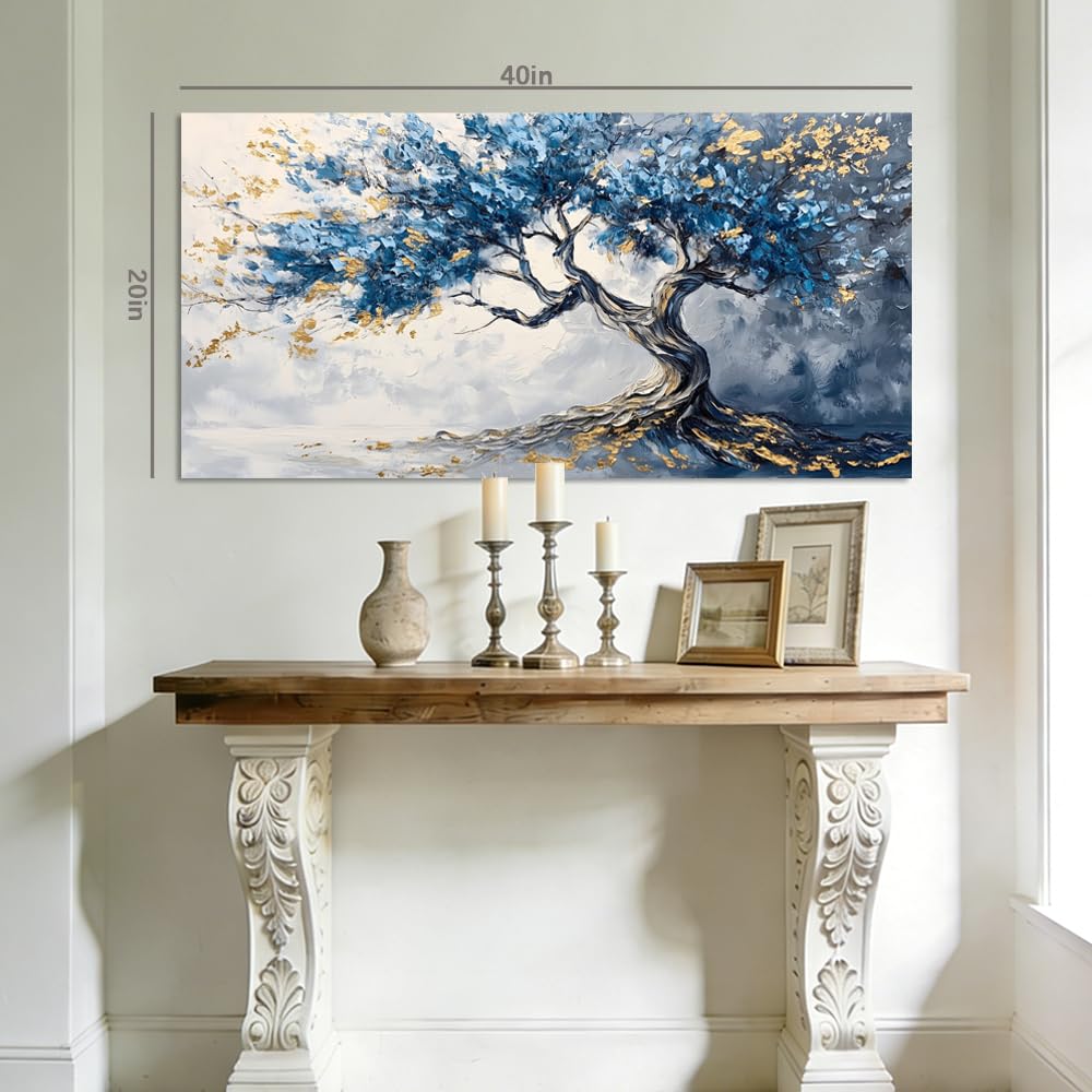 Blue and Gold Tree of Life Canvas Wall Art Modern Abstract Botanical Painting Flat Print Gallery Wrapped Artwork for Living Room Bedroom Bathroom Decor (Bohemian / White Tree of Life 28 / 40"L x 20"W)