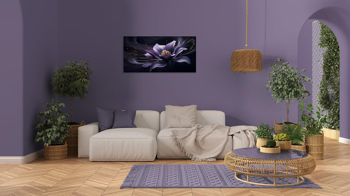 1 Panel Wall Art Purple Canvas Wall Art Purple Abstract Flower with Black Swirls Picture Print on Canvas Flower Picture for Bedroom Home Decor Living Room Stretched and Framed 20x40 inch (40"L x 20"W / Purple Flower 5)