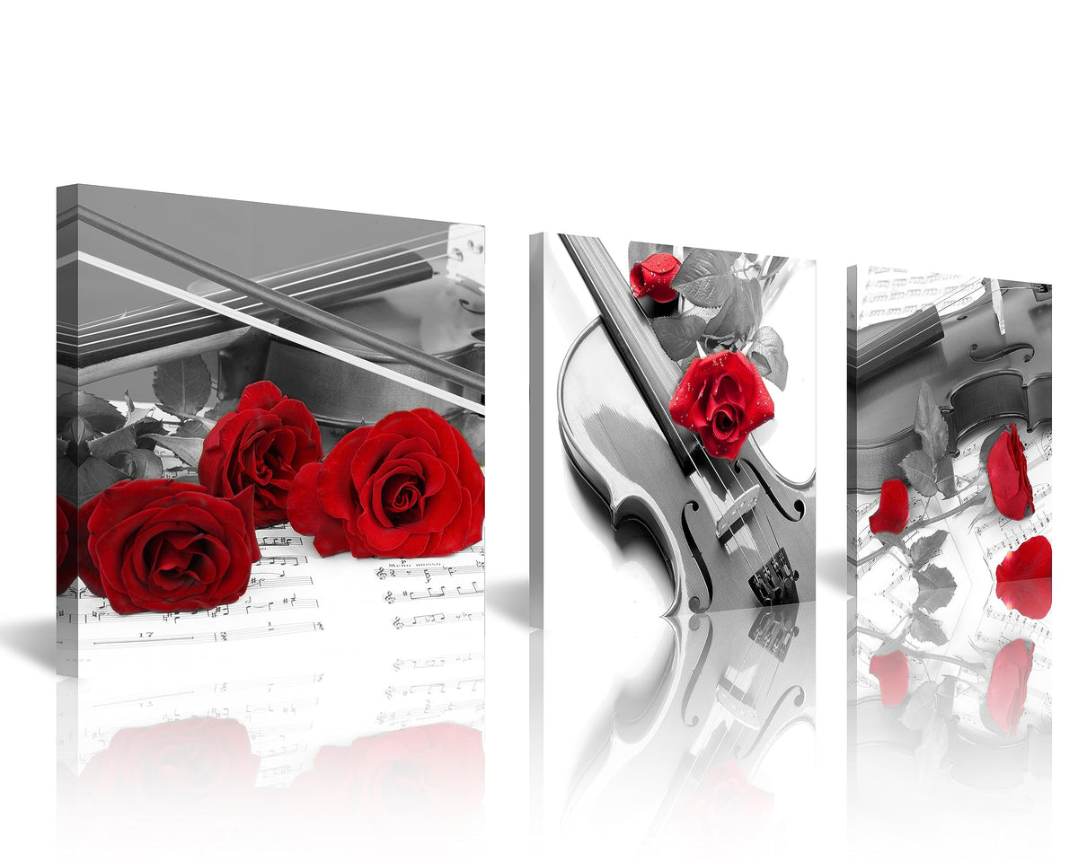 3 Pcs 12X12inches Canvas Print Violin and Red Rose in Black and White Modern Giclee Stretched and Framed Artwork for Home Decor Music Pictures Prints On Canvas for Wall (12 x 12 inches (3-Piece Set) / Violin and Rose)