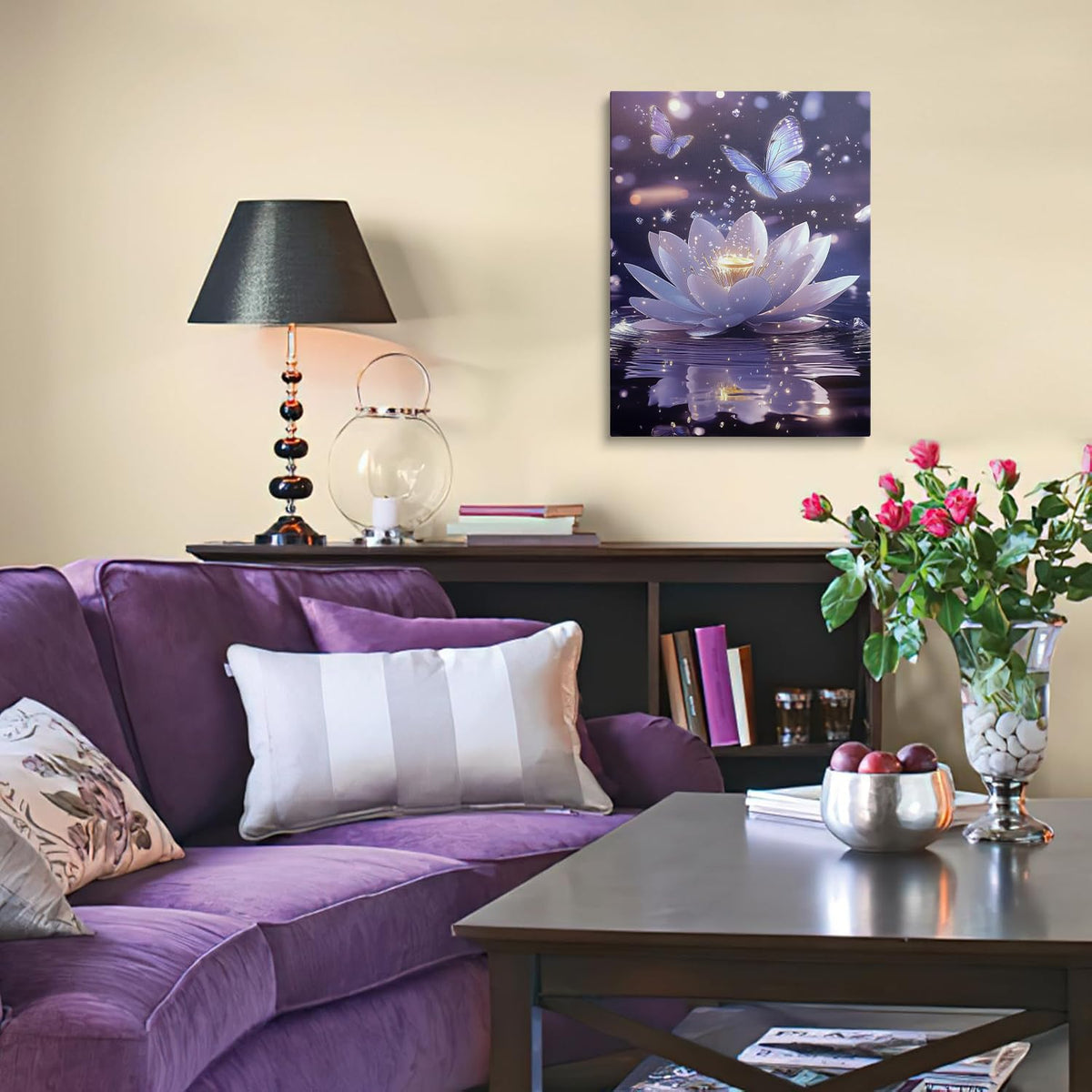 Framed Zen Meditation Serene Purple Lotus Flower Floral Canvas Wall Art (Flower03 / 24"L x 16"W)