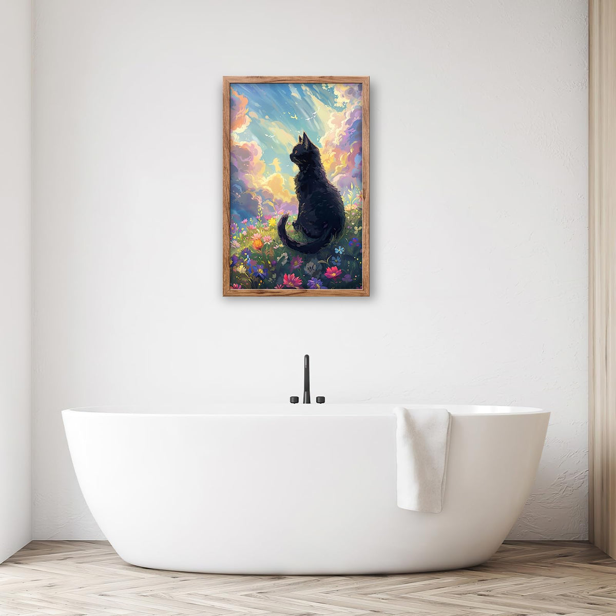 Black Cat Framed Wall Art Anime Cat Pictures Canvas Wall Decor Wildflower Landscape Painting Nature Decorations for Bathroom Bedroom Living Room Office 24"x16" (Black Cat / 24"L x 16"W)