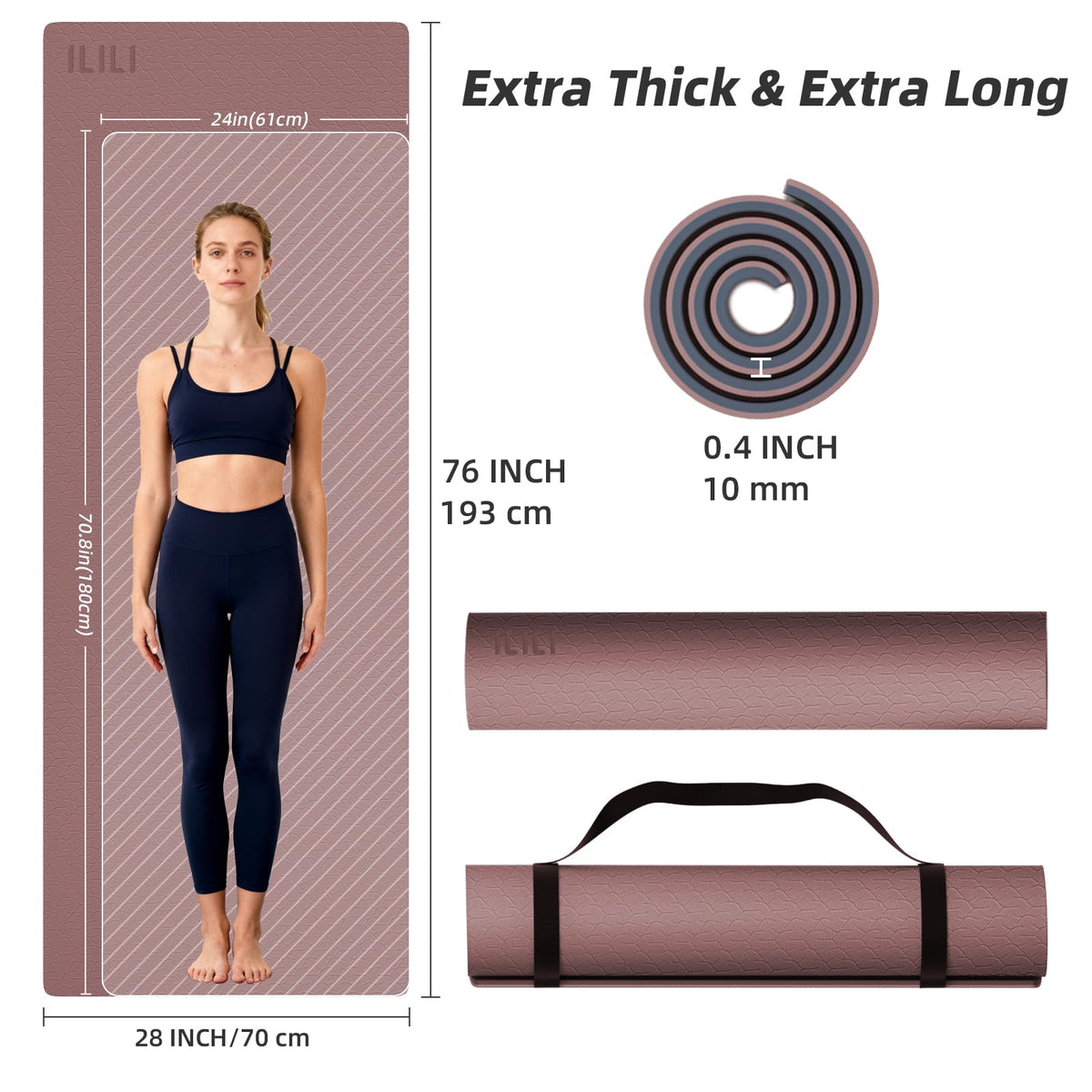 Yoga Mat 10mm Extra Thick and 193cm Extra Long (Dark Pink+Dark Grey)