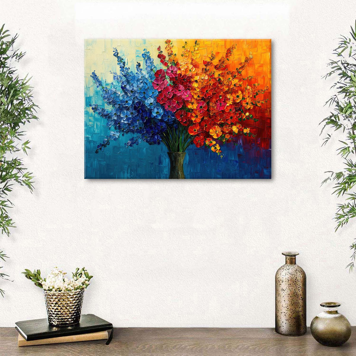 Colorful Flower Wall Art Teal Red Orange Wildflower Painting Abstract Texture Botanical Picture Canvas Prints for Living Room Floral Poster Modern Framed Artwork Bathroom Bedoom Home Decoration 12x16 (16"L x 12"W / Abstract Bouquet)