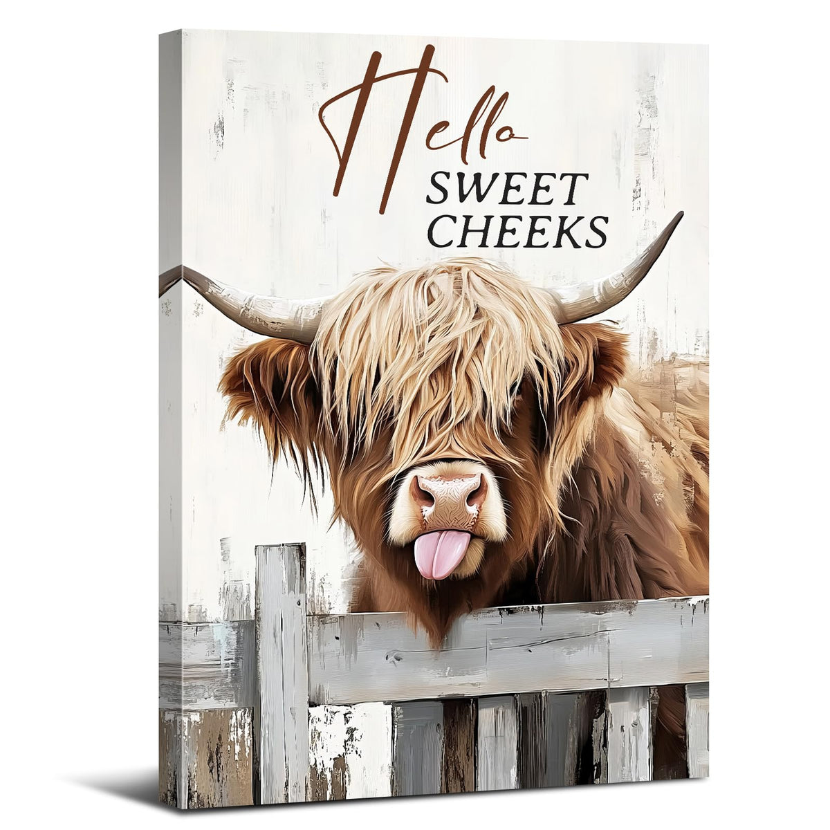 Highland Cow Canvas Wall Art Hello Sweet Cheeks Bathroom Decor Funny Cute Cow Picture Prints Poster Farmhouse Longhorn Wall Decor Rustic Wild Animals Paintings Country Home Decorations 16x24" (24"L x 16"W / Funny Cow02)