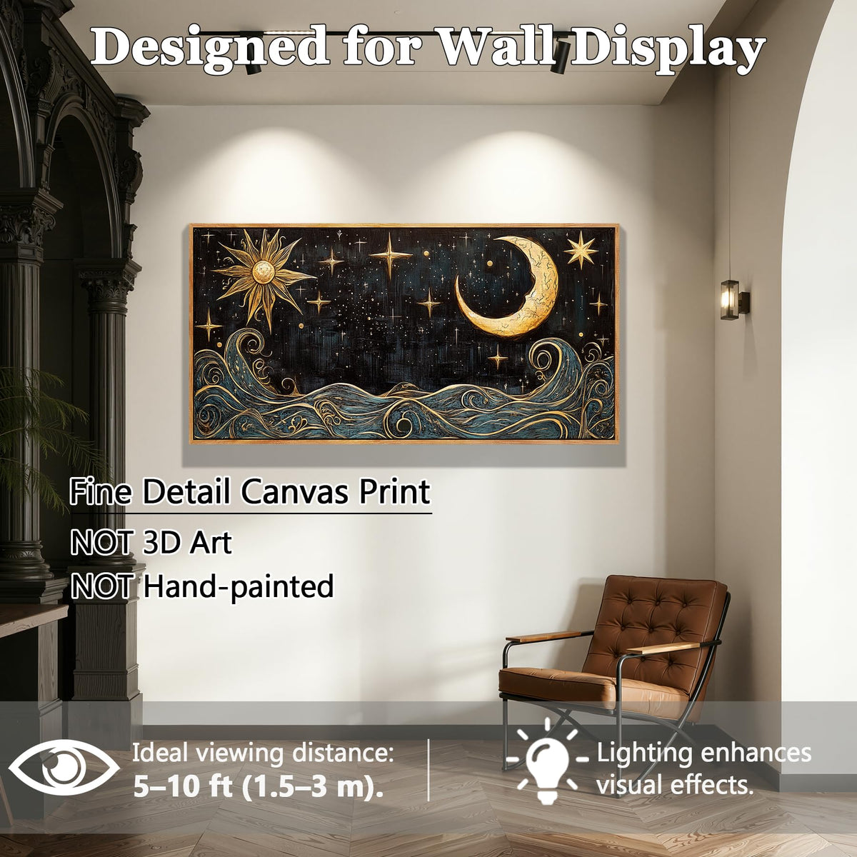 Sun Moon Celestial Large Framed Wall Art Witchy Decor Navy Gold (Sun and Moon / 48"L x 24"W)