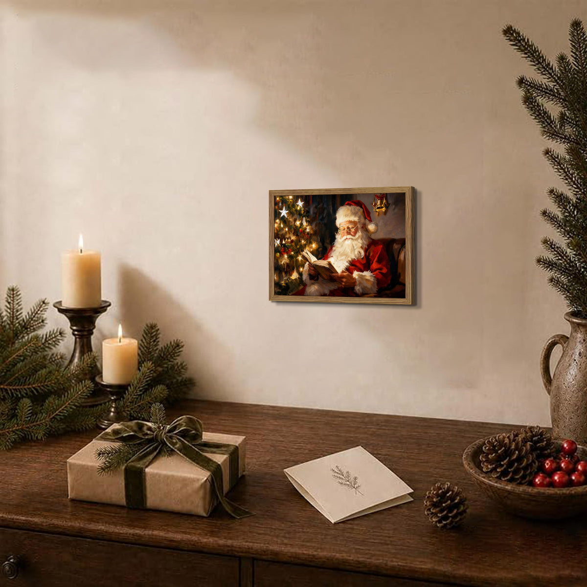 Vintage Christmas Canvas Wall Art (Santa Claus reading a book / 10"L x 8"W)