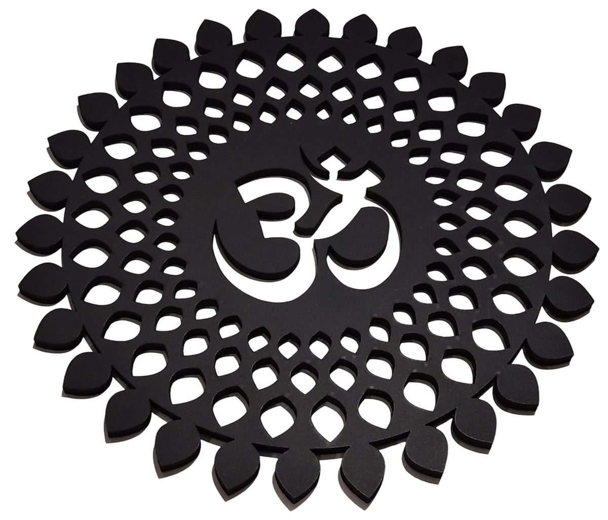 Black Om Round Decorative Wall Art Mdf Wooden Om Chakra For Temple (MANDALA OM-Black / 24"L x 24"W)