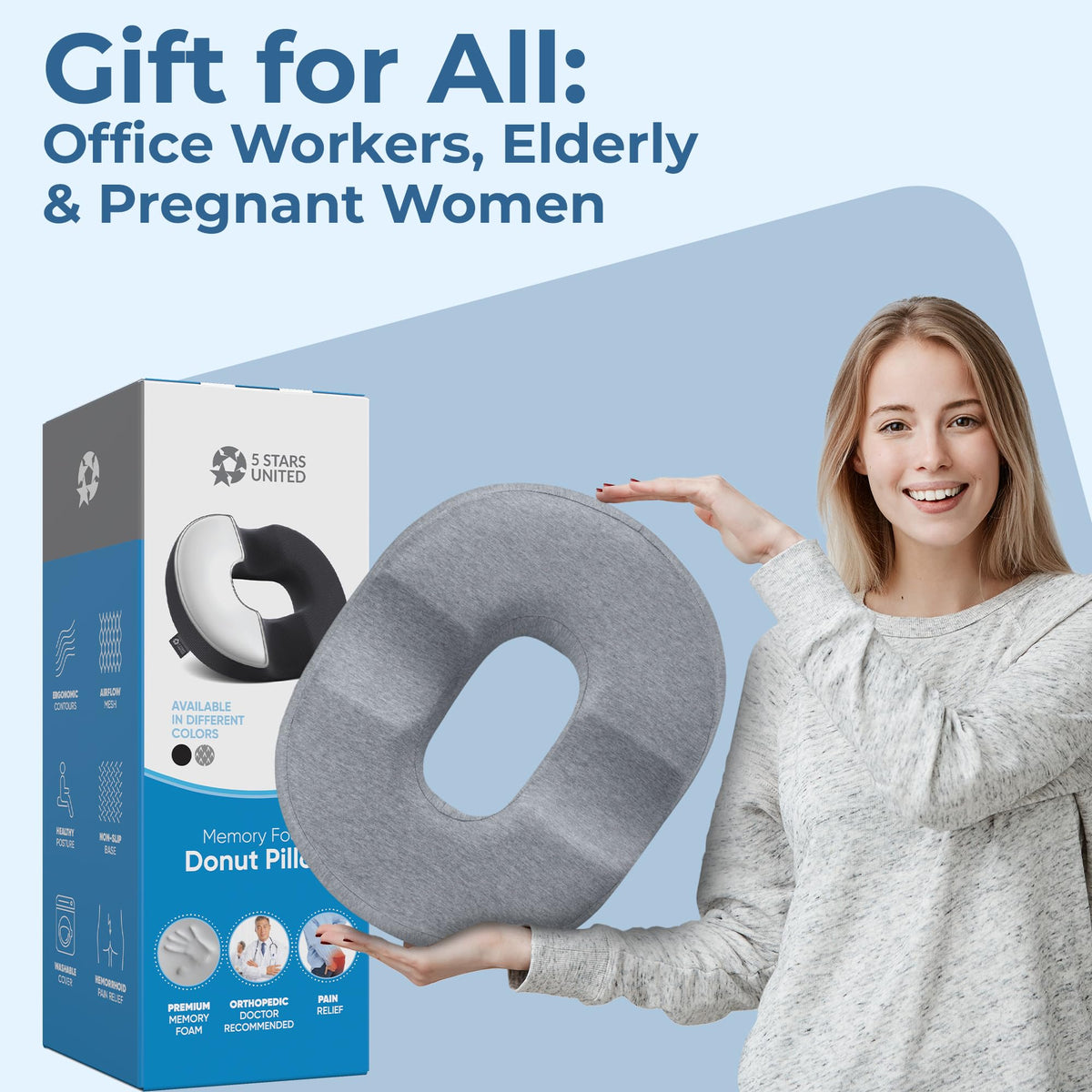 Donut Pillow for Tailbone Pain & Hemorrhoids (Gray)
