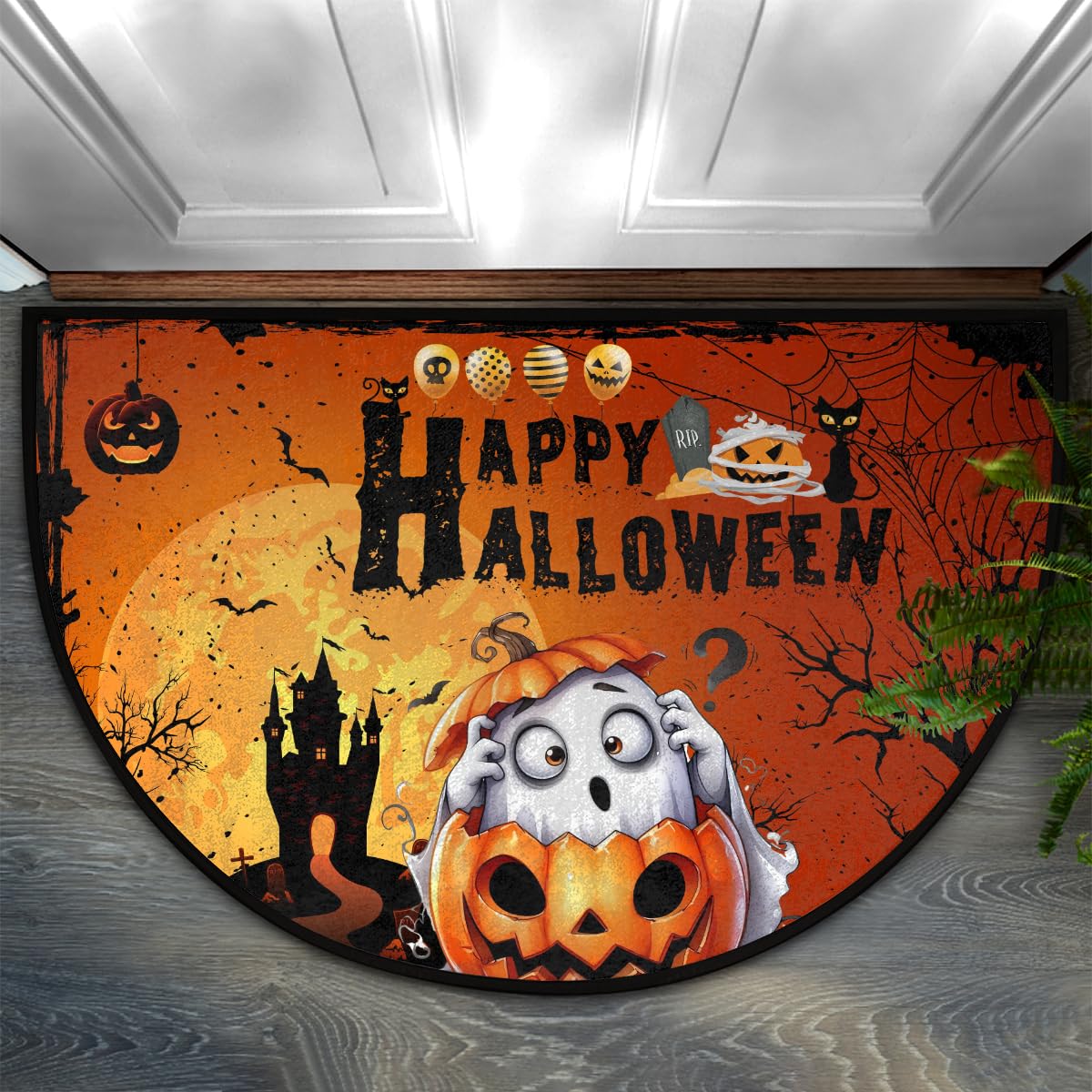 Halloween Ghosts Pumpkin Half Round Door Mat Non Slip Washable Halloween Semi Circle Area Rug Absorbent Soft Pumpkin Half Moon Rug Floor Mat for Indoor Kitchen Bathroom Patio Front Door Mat Decor (C1)