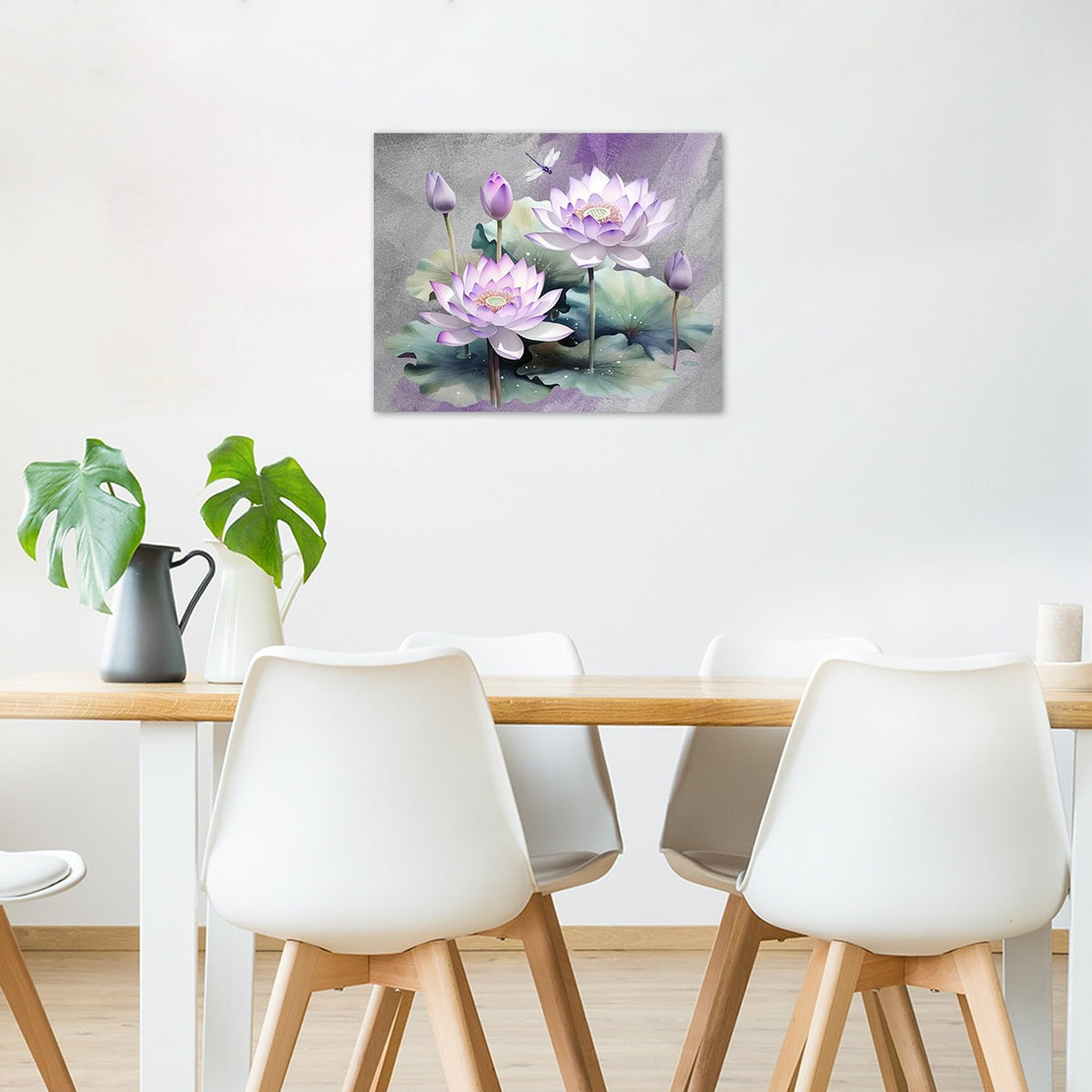 Zen Wall Art Purple Water Lily Flower with Dragonfly Green Leaf Plant Wall Art for Living Room (Purple / 16"L x 20"W)