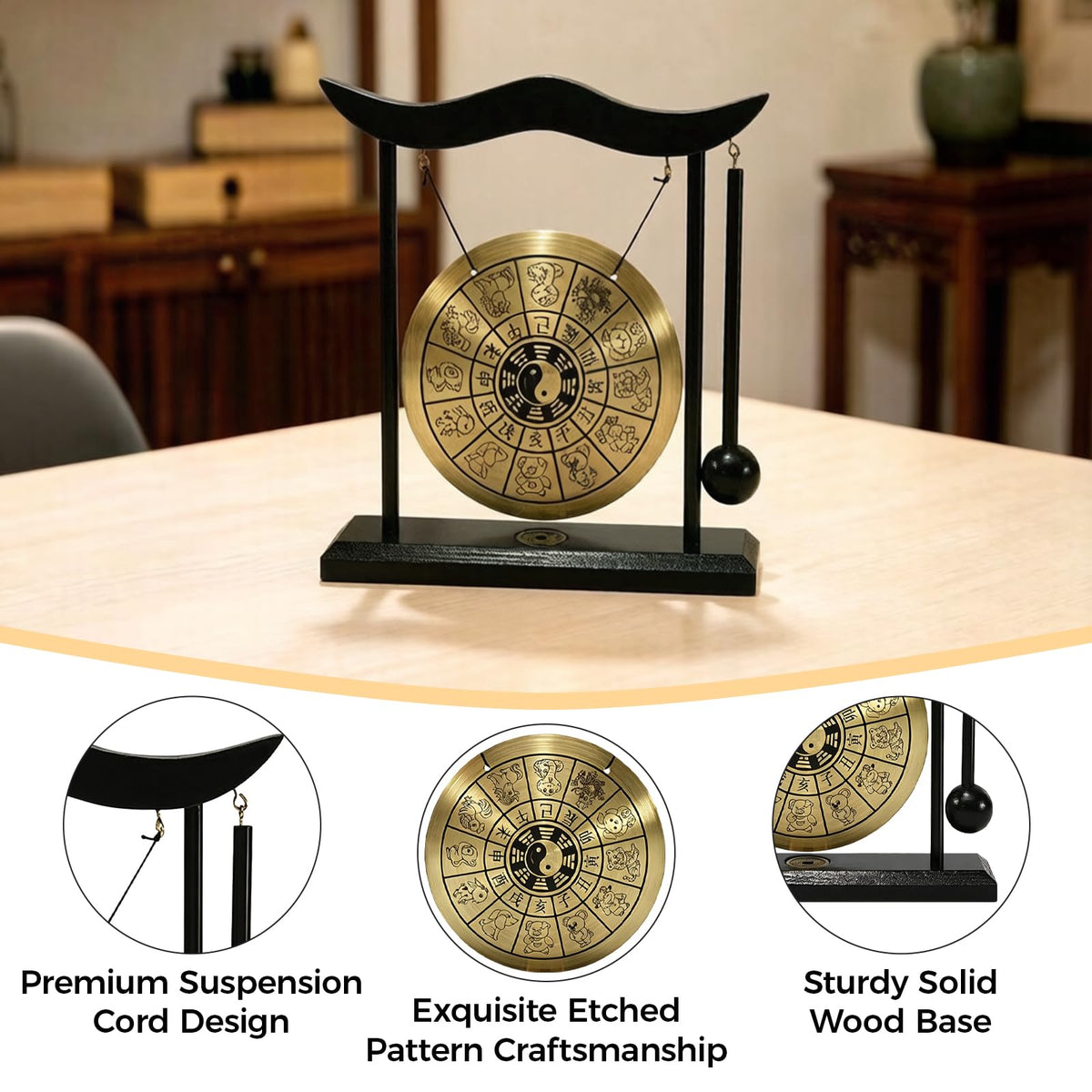 Gong Mini Desktop Copper Gong with Wood Mallet for Office Desk Zen Decor (Chinese Zodiac)