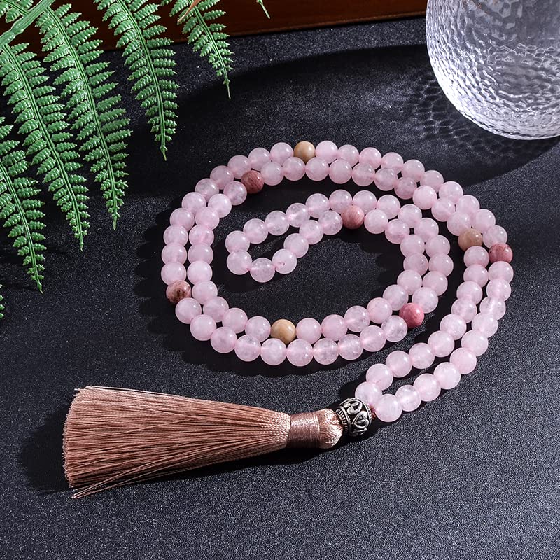 108 Mala Prayer Beads Necklace 8mm Natural Stones Meditation Yoga Jewelry Sets 108 Hand Made Japa Mala Beaded Long Tassel Necklace with Tassel Pendant for Men and Women (Rose quartz)