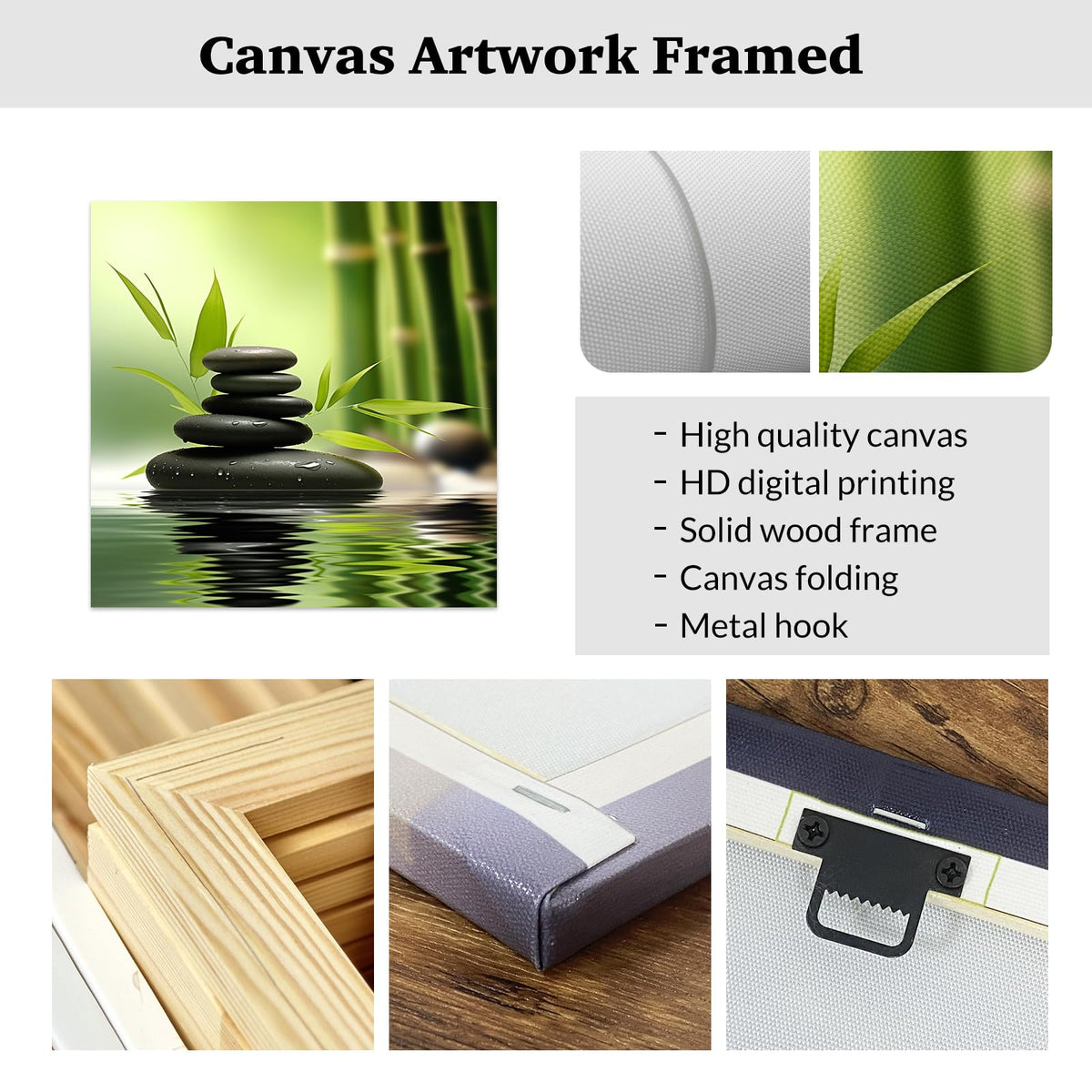 Green Zen Wall Art Stone Spa Pictures Bamboo Zen Bathroom Canvas Calming Meditation Print Relaxing Spiritual Yoga Room Office Decor Framed (B / 32.00"x32.00")