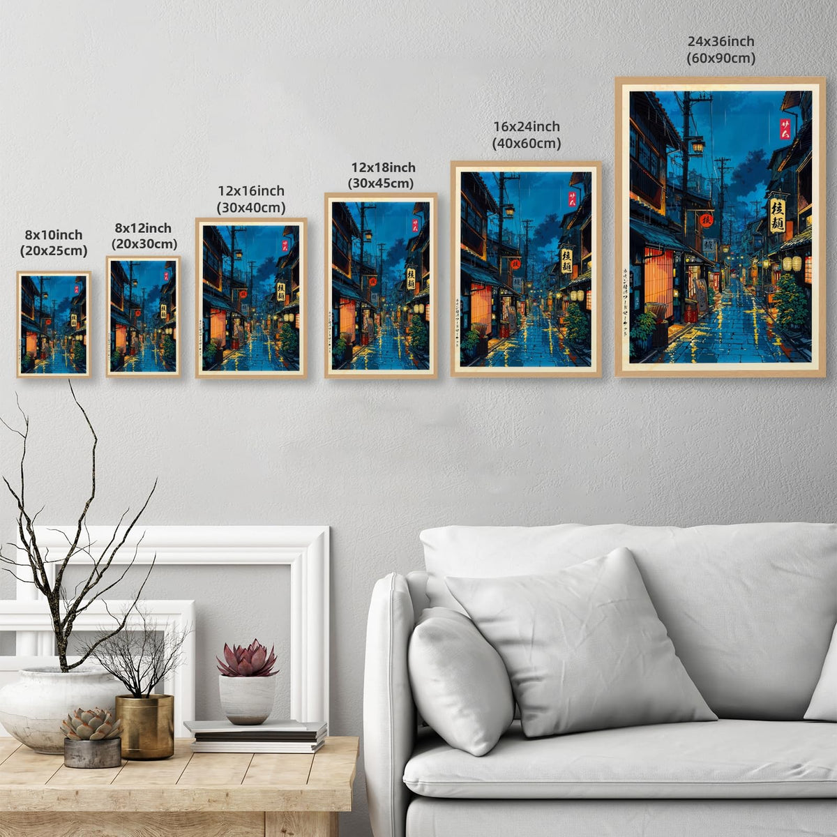 Japanese Tokyo Tea House Wall Art Poster Kyoto Night Street Art Canvas Print Retro Japan Illustration Wall Decor Vintage Urban Street Scene for Bedroom Living Room Aesthetic 16x24inch Wood Frame (16"L x 24"W / style-1 Wood Frame)