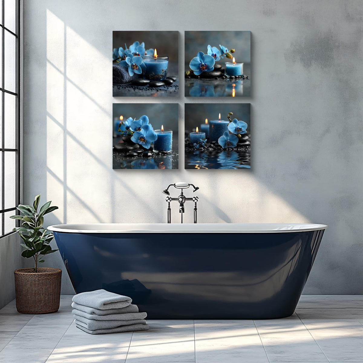 4PCS Blue Orchid Candle Spa Wall Art Zen Aromatherapy Canvas Print Relaxing Floral Still Life Artwork with Stones Modern Tranquil Bathroom Bedroom Meditation Decor for Home Spa Office (16X16inchX4 / Blue Orchid)
