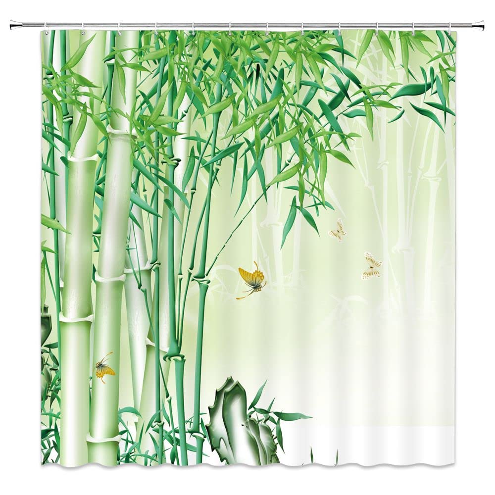 Bamboo Shower Curtain Green Bamboo Forest Tree Butterfly Japanese Asain Art Rustic Wild Nature Plant Scenic Fresh Spa Fabric Bathroom Sets with Hooks (Green Yellow / 70"W x 96"L (Pack of 1))