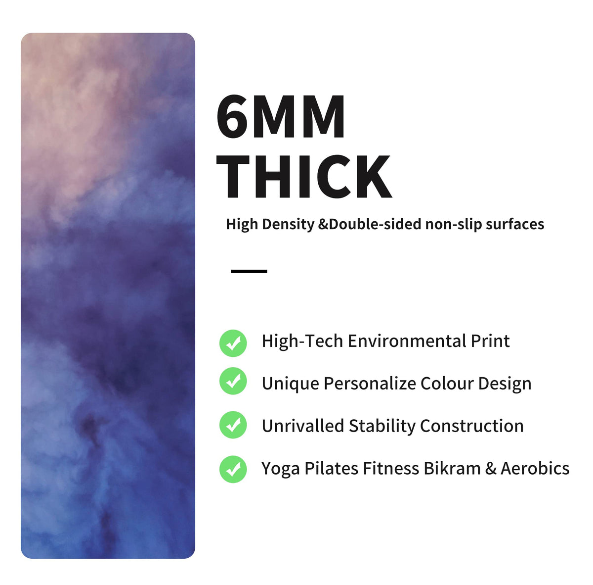 Yoga Mat Print Extra Thick TPE Non Slip Fitness Exercise Mat with Carrying Bag (Fog-P)