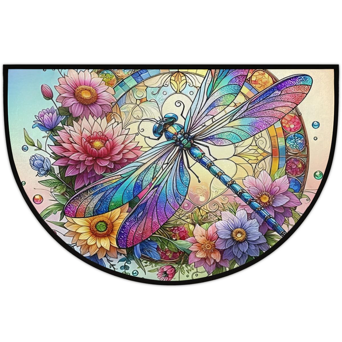 Colorful Dragonfly Flower Half Round Mat Half Moon Door Rug Washable Durable Semi Circle Carpet Floor mats for Indoor Outdoor Bathroom Kitchen Patio Hearth Rug Laundry Room Home Decoration (D 020)