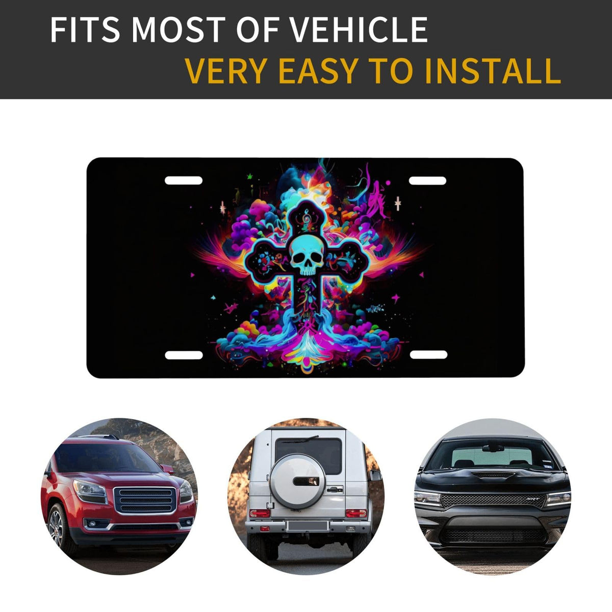 Colorful Cross Clouds Psychedelic Gothic Skull Front License Plate Aluminum Decorative License Plates Metal Car Plate 6"X12" Novelty Vanity Tag Cover with 4 Holes Car Decor Accessory (Yellow / 6 X 12 Inch)
