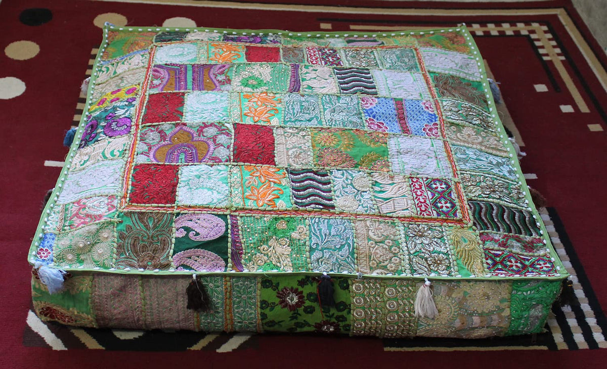 Indian Square Patchwork Traditional Pouf Cover Indian Living Room Poufs Decorative Embroidered Designer Ottoman Home Footstool Chair Cover Decor Pillow Cover 35 inches (35"D x 35"W x 5"H / Light Green)