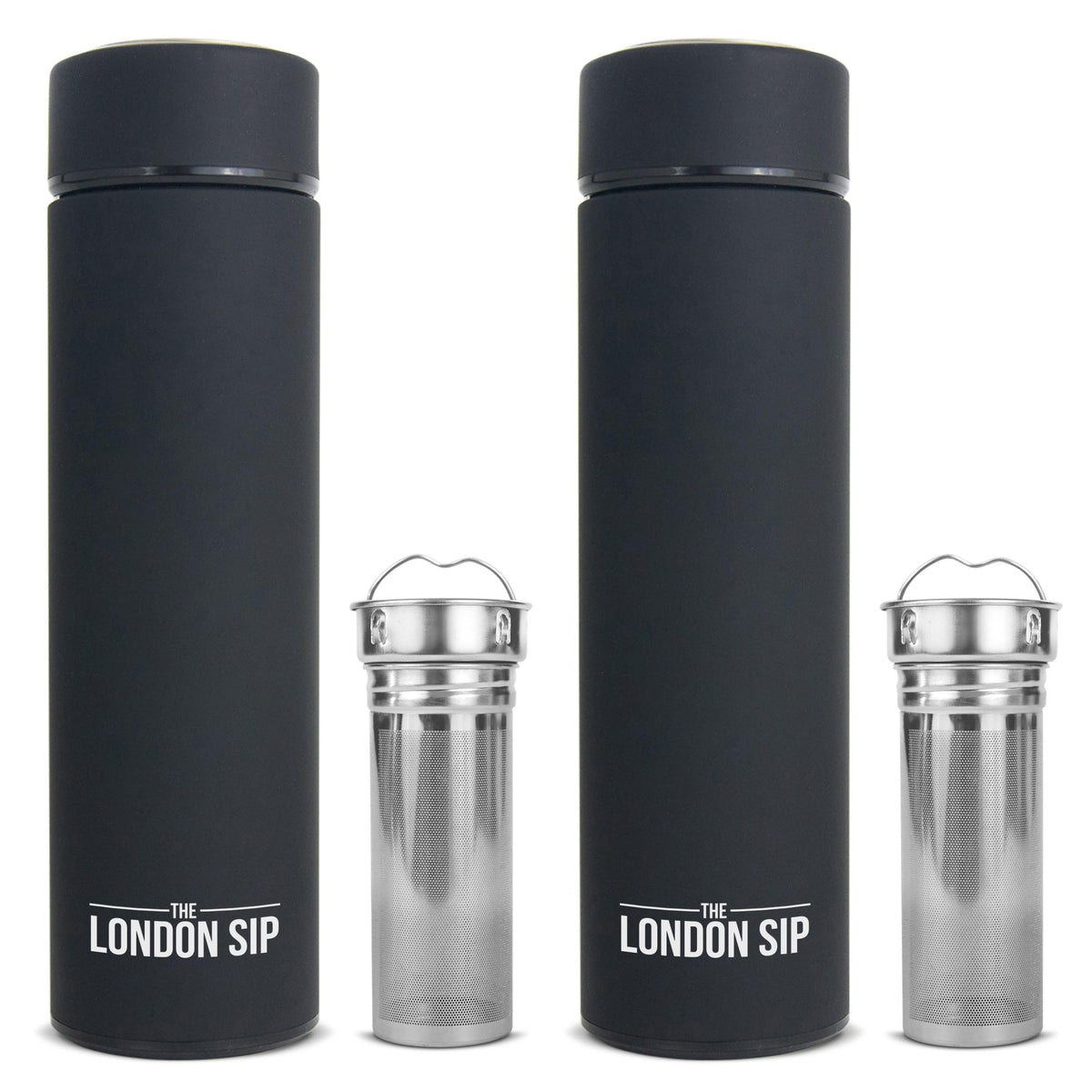 Multi Purpose Travel Mug and Tumbler Fruit Infused Flask Hot and Cold Double Wall Stainless Steel Thermos with Extra (Zen Black (2 Pack))