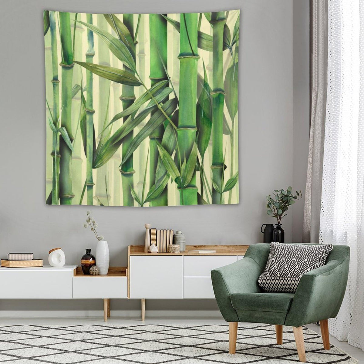 Nature Green Bamboo Print Tapestry Wall Hanging Asian Japanese Plant Rustic Stems Leaves Jungle Tapestries Home Decor for Living Room Bedroom Apartment Farmhouse Dorm 60"x60" (60"L x 60"W / Bamboo-2)