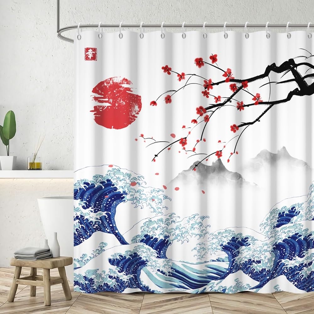 Traditional Japanese Painting Shower Curtain Kanagawa Great Wave Shower Curtain Red Sun Cherry Blossom Japanese Mountain Scenery Bathroom Curtains Waterproof Polyester Fabric with Hooks 72x84 Inch (72"W x 84"L (Pack of 1) / Blue-28)