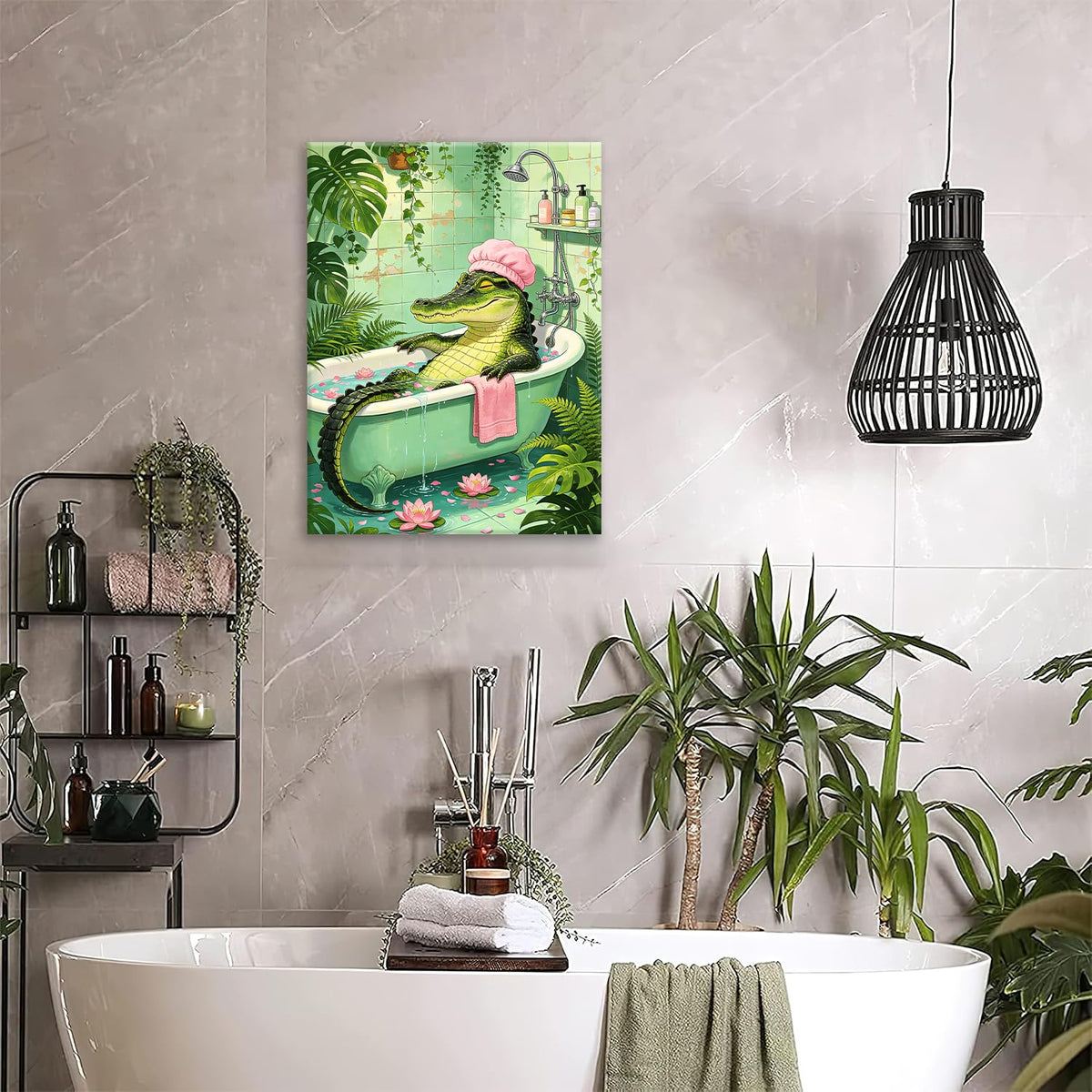 Bathing Crocodile Canvas Wall Art Funny Bathroom Framed ArtWork 16"x20" (Bathing Crocodile / 20"L x 16"W)