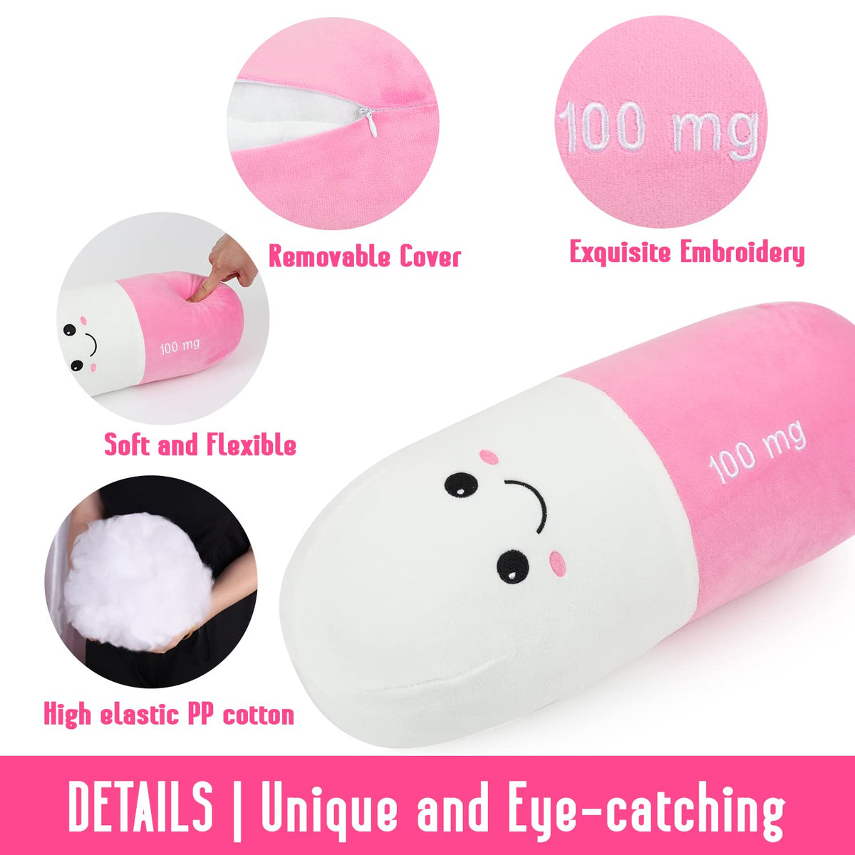 Pill Pillow Neck Roll Pillow Cute Preppy Room Decor Chill Pillows with Washable Cover (Pink / Medium)