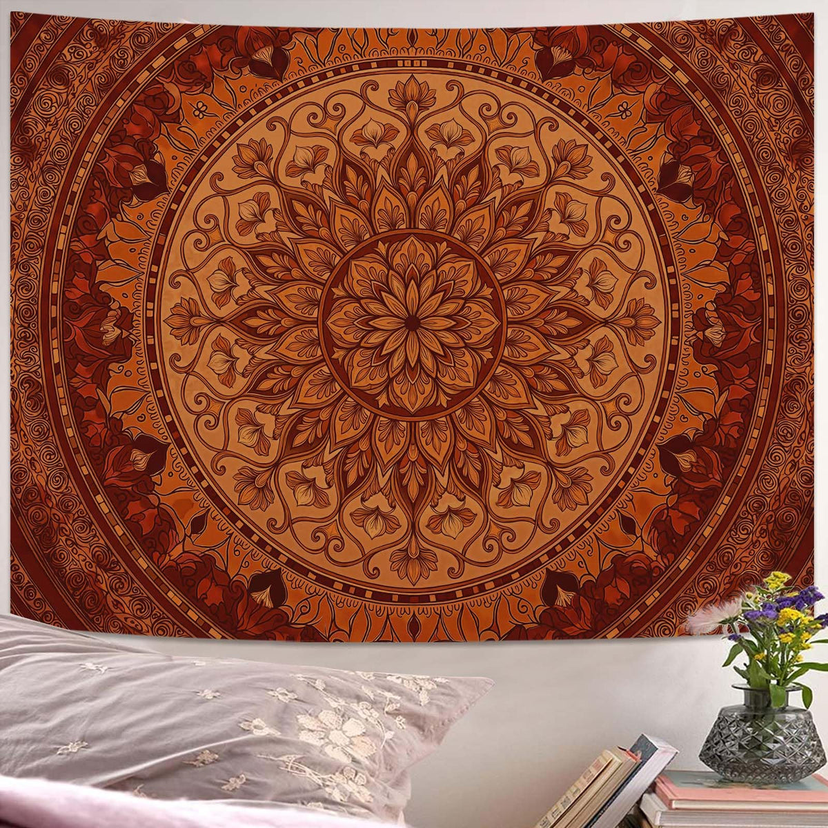 Tapestry Mandala Ornate Circular Pattern Tapestries Bohemian Orange Floral Tapestries Warm Earth Tone Wall Tapestry Bedroom Dormitory Living Room Decoration 60"x44" (60"L x 44"W / Tan)