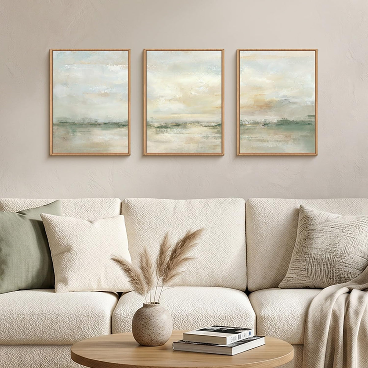 Abstract Green Gray Pastel Framed Canvas Wall Art (Neutral Green Wall Art / 12''x16''x3)