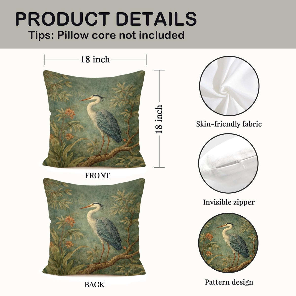 Vintage Floral Blue Heron Bird Pillow Cover 18x18 (White-blue Heron Bird 4)