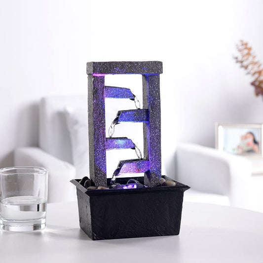 10" 4 Tier Tabletop Waterfall Fountain with Natural River Rocks (Cascading Ladder)
