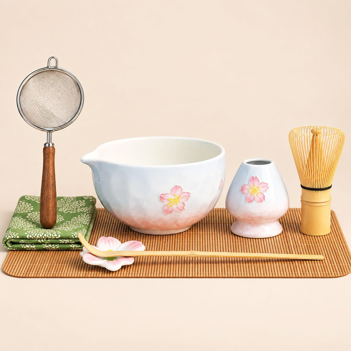 8 Piece Sakura Matcha Set with Pink & Blue Ceramic Bowl and Bamboo Whisk (blue & Pink)