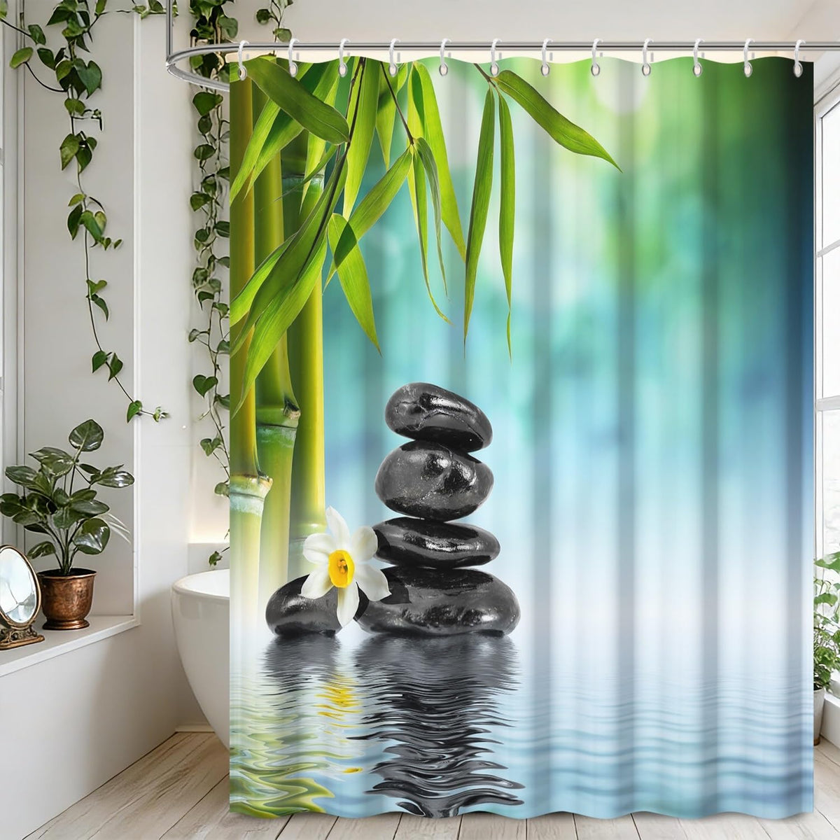 Zen Spa Shower Curtain Zen Stone Shower Curtain Lotus Bamboo Water Reflection Relaxing Meditation Waterproof Cloth Fabric Bathroom Curtains Set with Hooks Bath Bathtub Home Decor 69x75 inch (69"W x 75"L (Pack of 1) / Green 06)