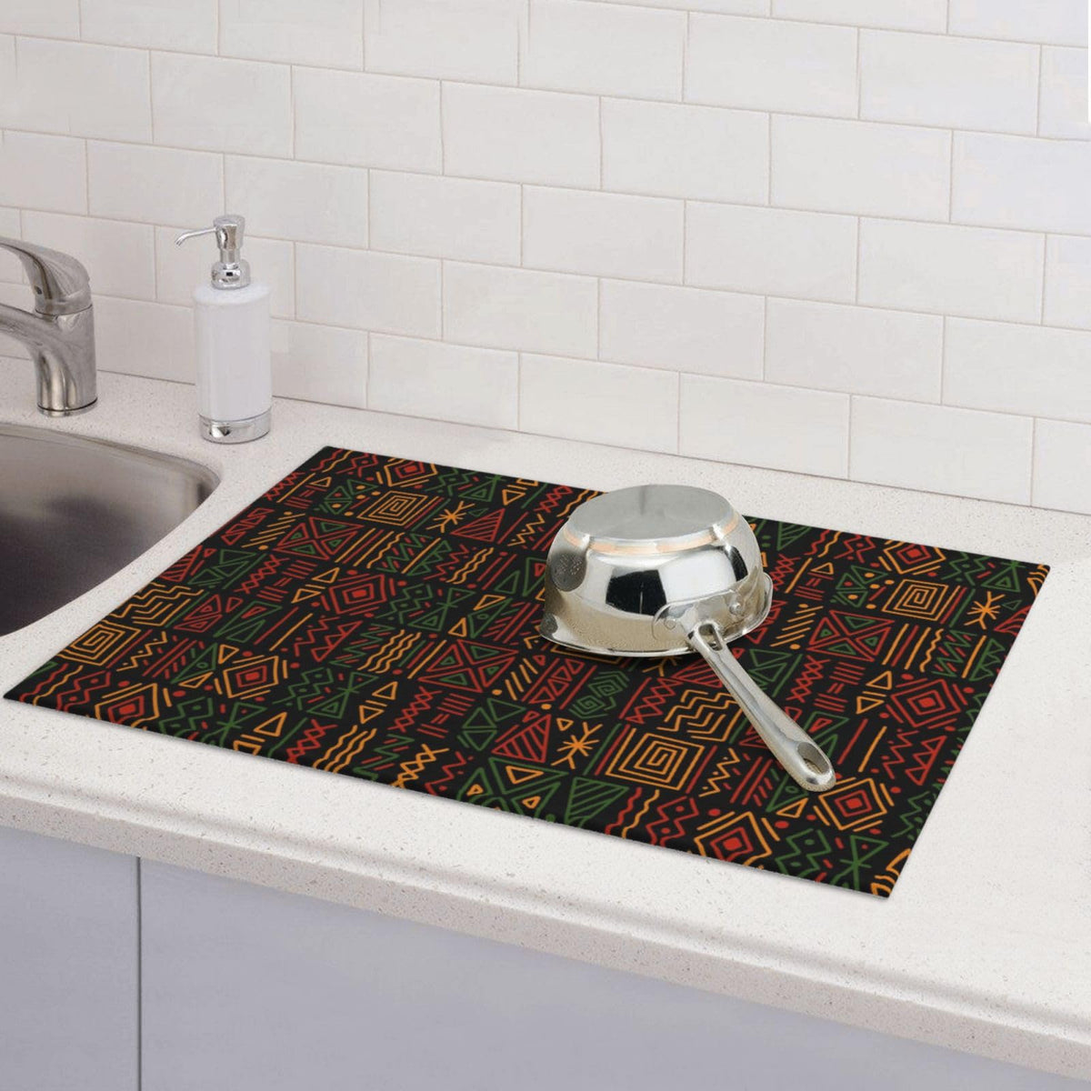 African Tribal Geometric Totems Dish Drying Mat 18x24 Inch (Black Red)
