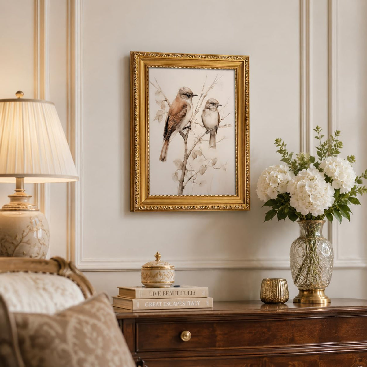 Gold Framed Bird Canvas Wall Art Vintage Birds Wall Decor Aesthetic Sparrow on Branch Painting Picture Rustic Farmhouse for Living Room Kitchen Bedroom Decor 9X11in (Neutral birds / 11L" x 9W")