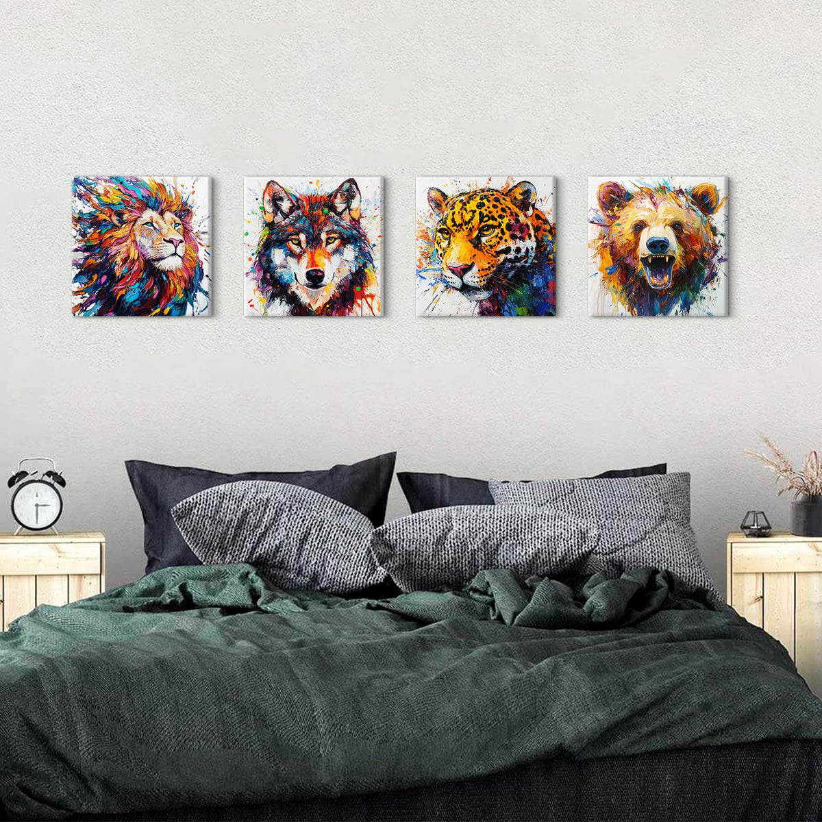 Animal Canvas Wall Art Boys Room Decor Abstract Colourful Lion Wolf Bear Tiger Pictures Kids Bedroom Watercolor Graffiti Animals Posters Nursery Paintings Toddler Artwork Framed Decorations 12x12”4Pcs (12"L x 12"W / Animal)