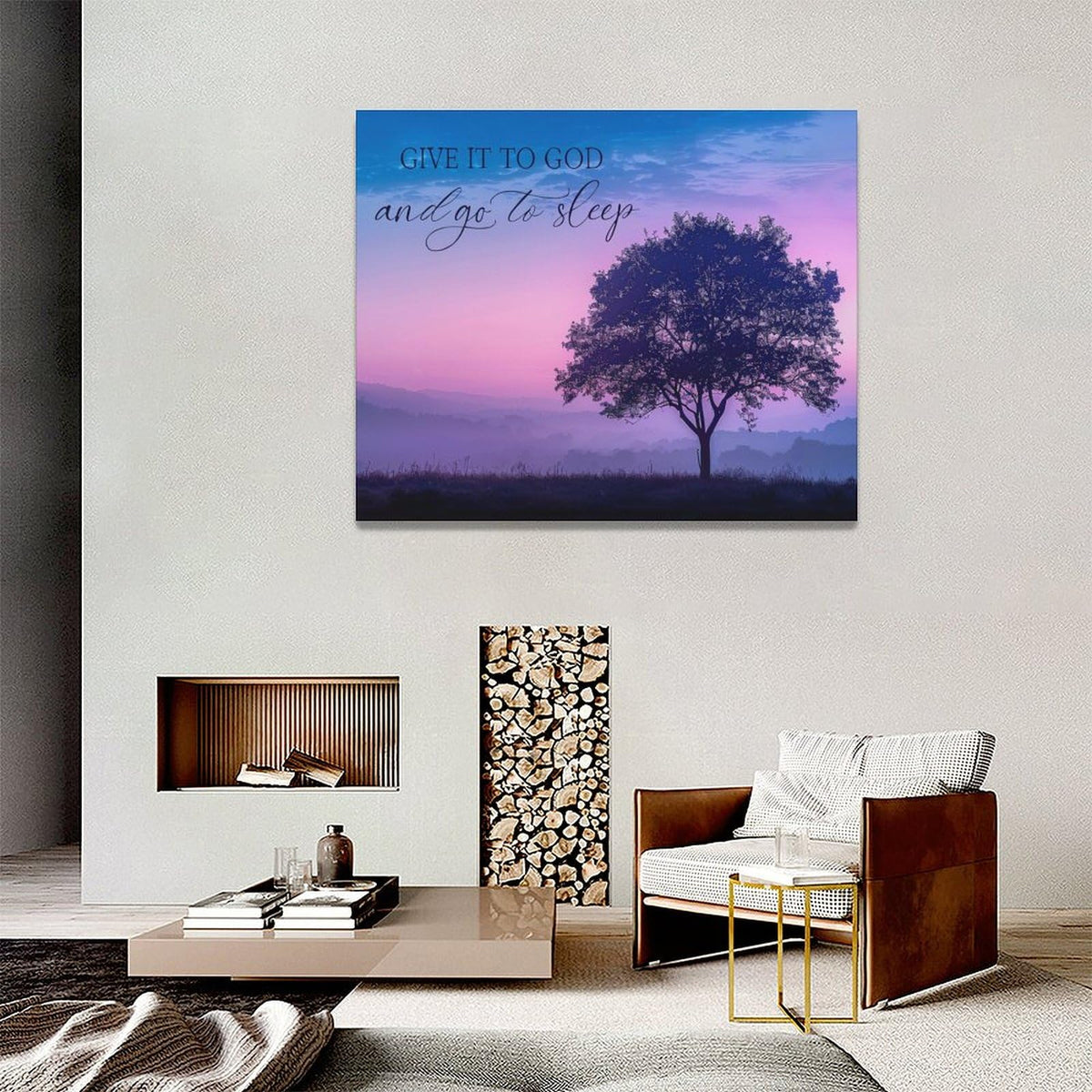 Bedroom Wall Art Give it to God and Go to Sleep Sign Wall Decor Christian Canvas Prints Painting Purple Tree Bathroom Pictures Framed Artwork Gifts Home Decorations 20"x16" (20"L x 16"W / Purple Tree)